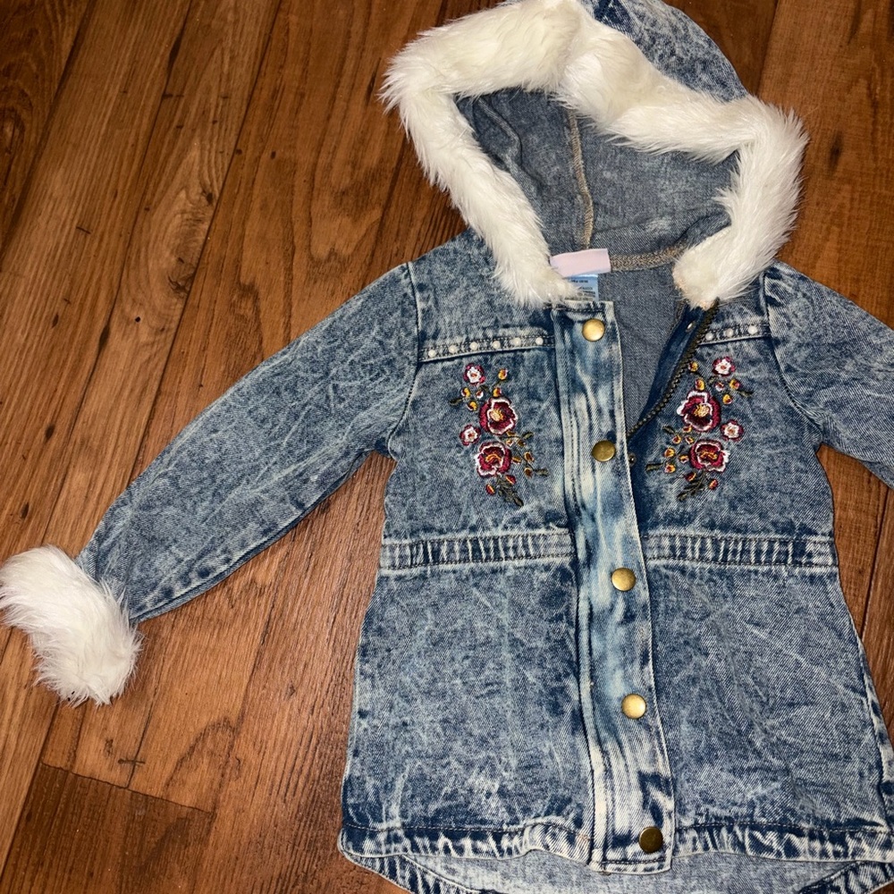 Little Lass Blue Acid-Wash Denim Jacket with White Faux Fur